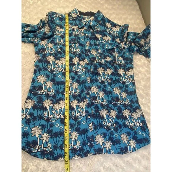 Roper Women's Blue Palm Tree Horseshoes rodeo ready Pearl Snap Western Shirt M - Picture 9 of 10